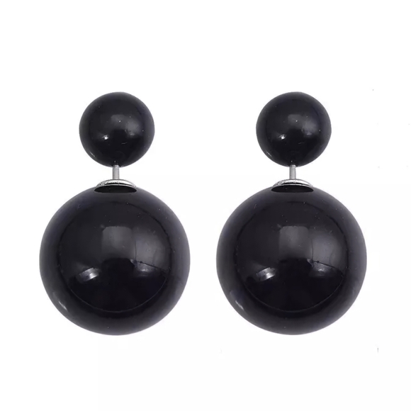 Jewelry - Large Oversized Double Ball Shiny Black Shell Pearl Ornament Stud Earrings